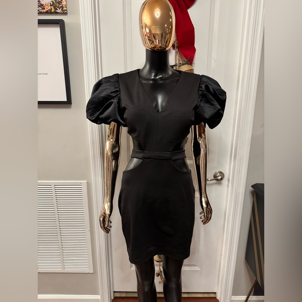 Elegant Black Puff Sleeve Cut Out Mini Dress